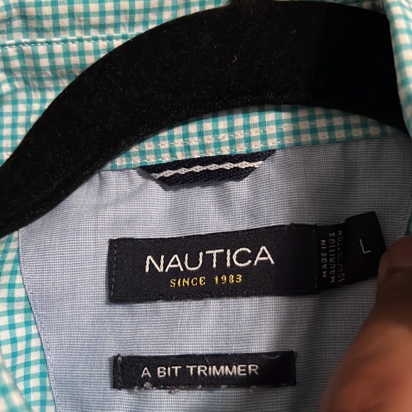 Nautica Green / White Small Checkered Dress Shirt - flaw - Picture 2 of 4